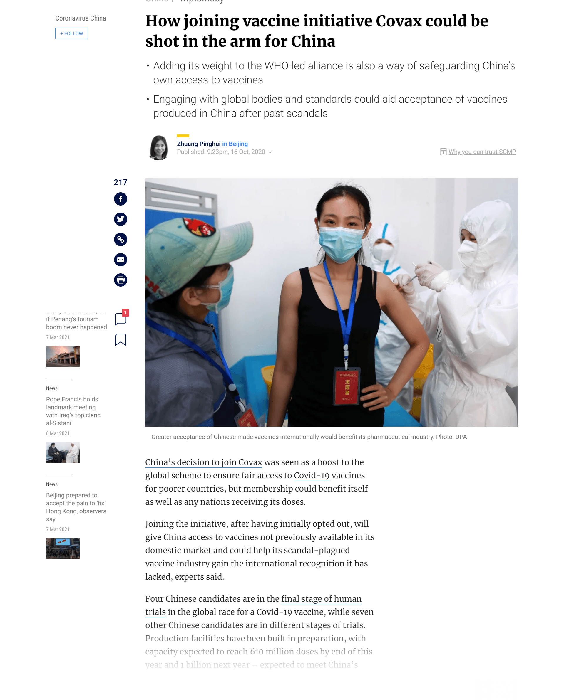 How joining vaccine initiative Covax could be shot in the arm for China