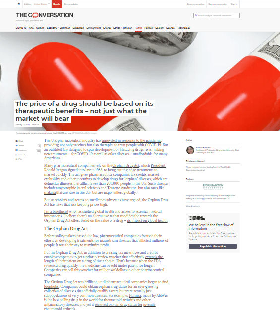 The Price of a Drug Should be Based on its Therapeutic Benefits - Not Just What the Market Will Bear