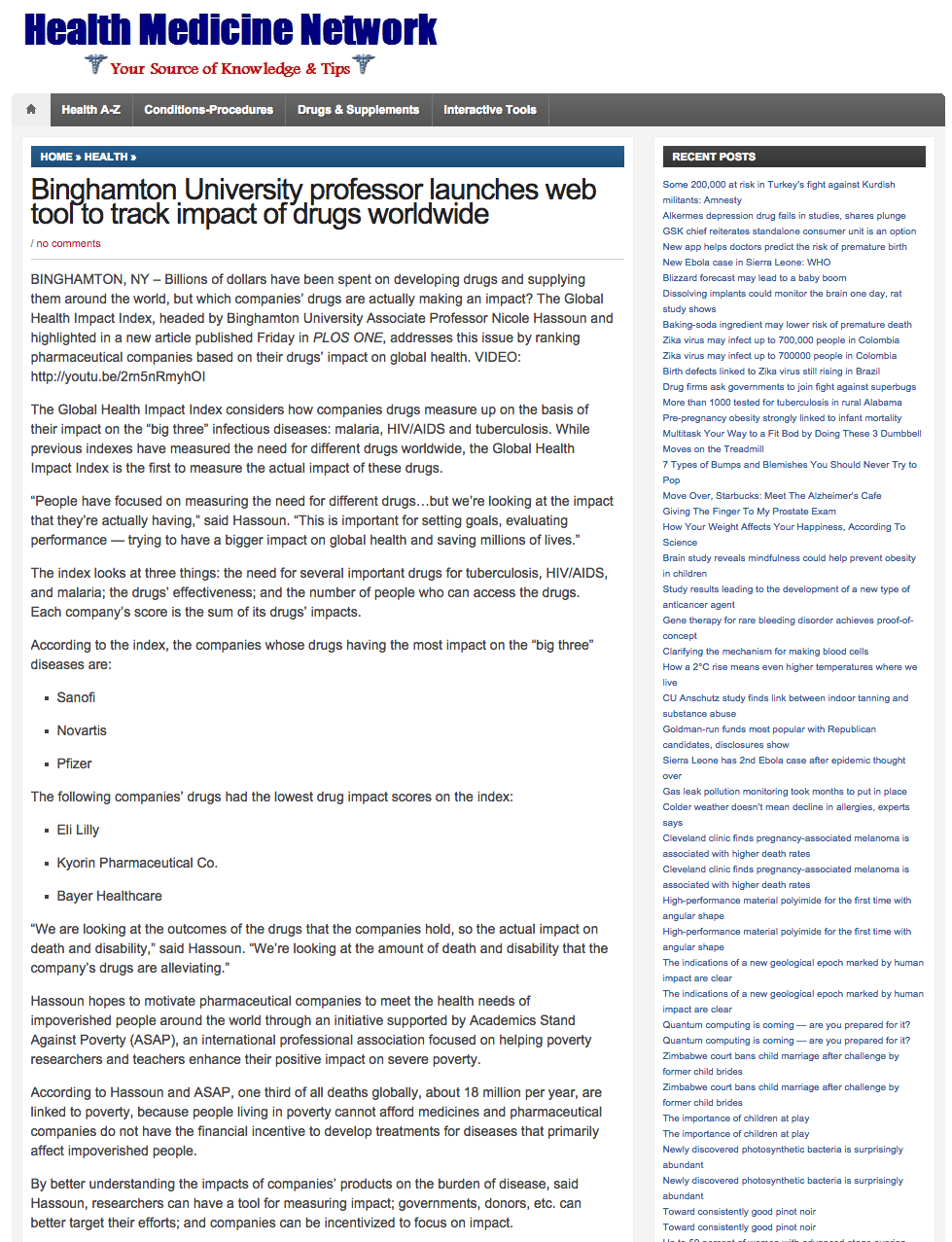 Binghamton University professor launches web tool to track impact of drugs worldwide
