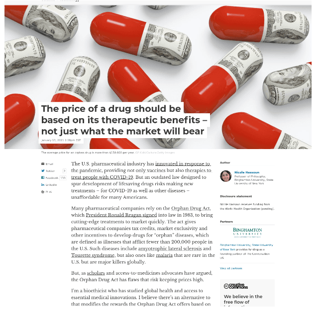 The price of a drug should be based on its therapeutic benefits – not just what the market will bear